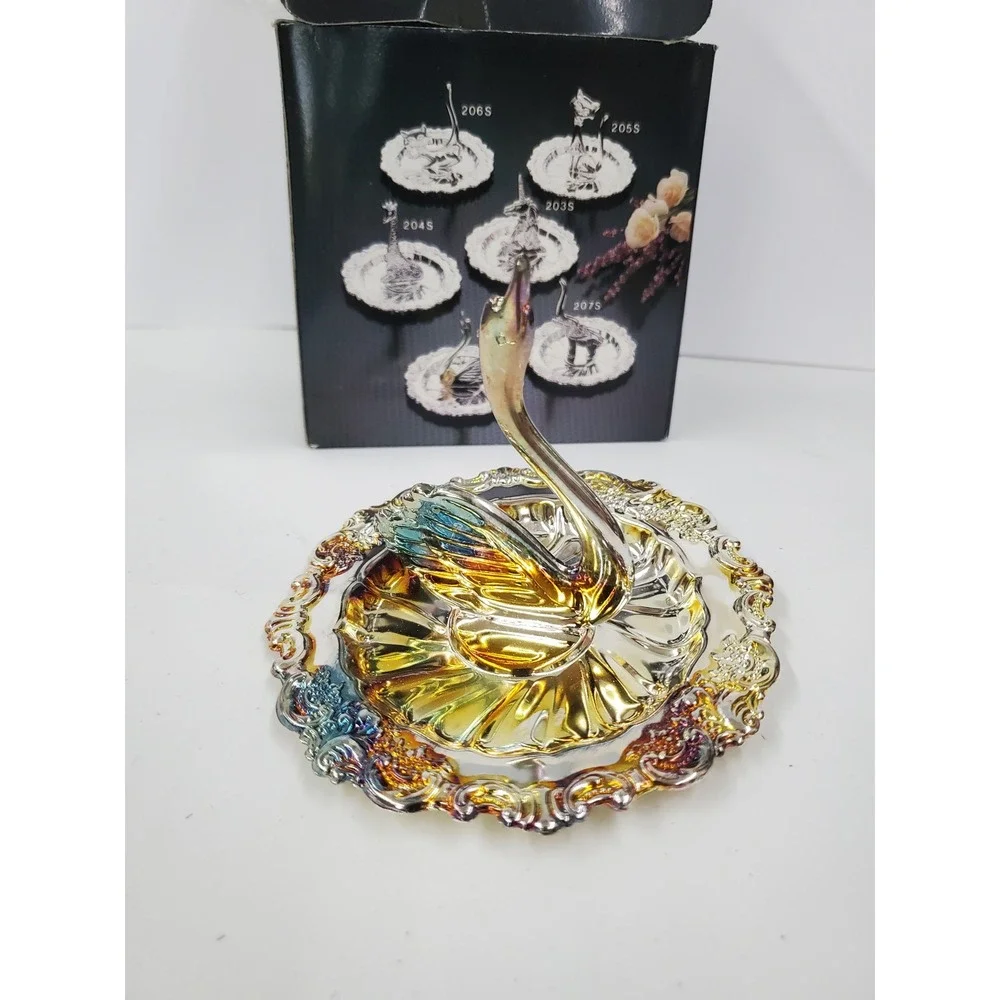 Vintage Silver Tone Swan Ring Holder Iridescent Jewelry Dish Trinket Tray Boxed